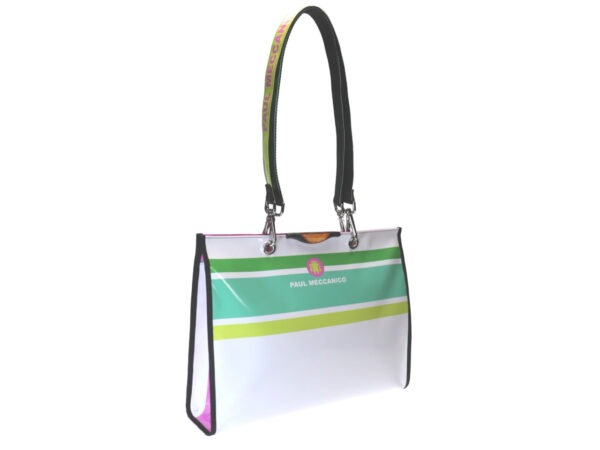 SHOPPER WHITE, GREEN AND FUCHSIA WITH HANDLE AND SHOULDER STRAP. MODEL PEPE MADE OF LORRY TARPAULIN. - Unique Pieces Paul Meccanico
