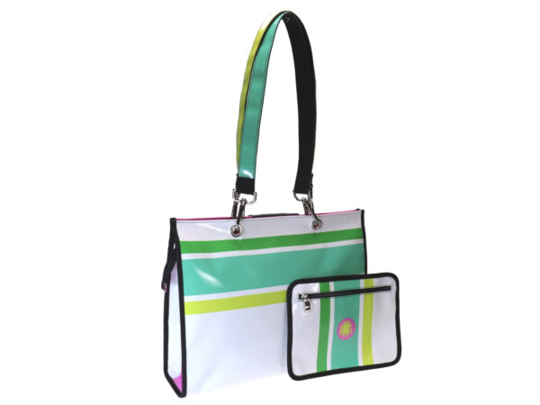 SHOPPER WHITE, GREEN AND FUCHSIA WITH HANDLE AND SHOULDER STRAP. MODEL PEPE MADE OF LORRY TARPAULIN. - Unique Pieces Paul Meccanico