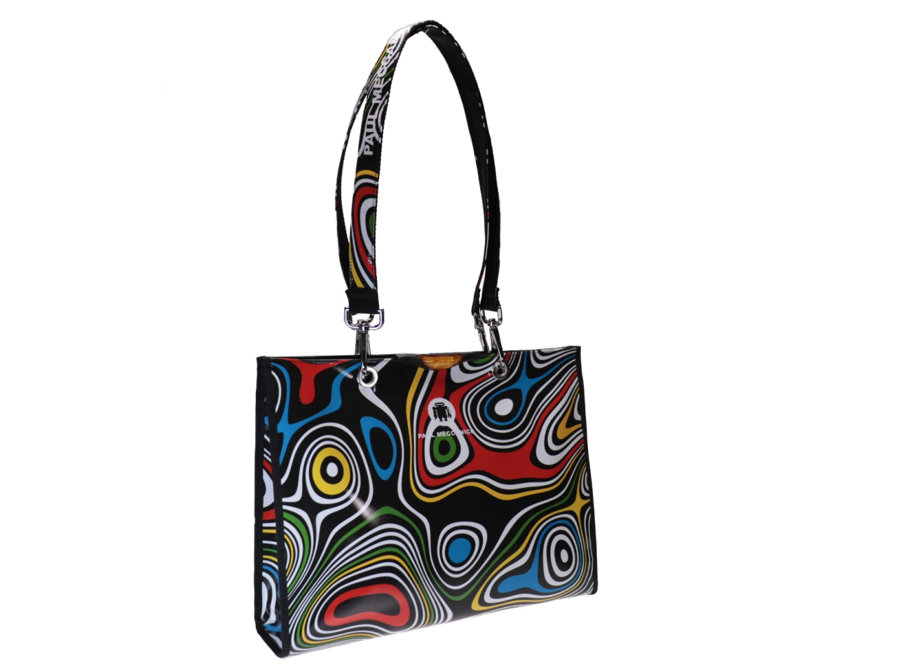 BLACK SHOPPER WITH MULTICOLOR OPTICAL FANTASY. MODEL PEPE MADE OF LORRY TARPAULIN. - Unique Pieces Paul Meccanico