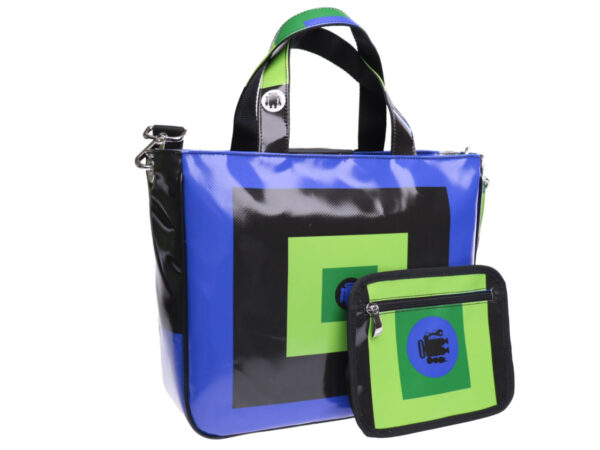 TOTE BAG "SQUARES" IN BLACK, GREEN AND ROYAL. MODEL GLAM MADE OF LORRY TARPAULIN. - Unique Pieces Paul Meccanico