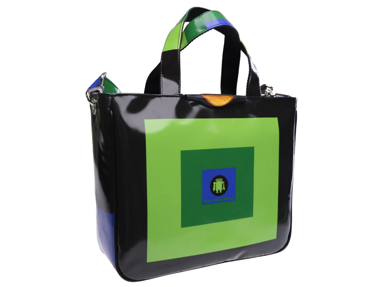 TOTE BAG "SQUARES" IN BLACK, GREEN AND ROYAL. MODEL GLAM MADE OF LORRY TARPAULIN. - Unique Pieces Paul Meccanico