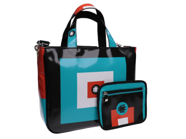 TOTE BAG "SQUARES" IN BLACK, RED, WHITE AND LIGHT BLUE. MODEL GLAM MADE OF LORRY TARPAULIN. - Unique Pieces Paul Meccanico