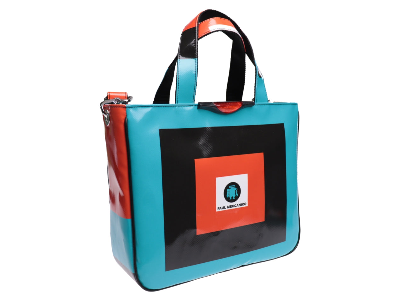 TOTE BAG "SQUARES" IN BLACK, RED, WHITE AND LIGHT BLUE. MODEL GLAM MADE OF LORRY TARPAULIN. - Unique Pieces Paul Meccanico