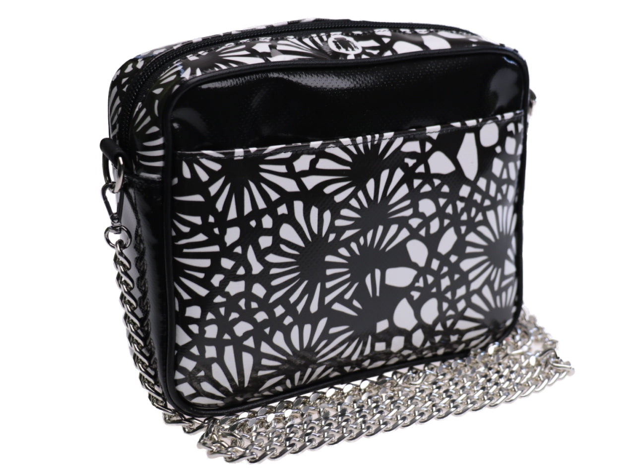 CLUTCH BLACK AND WHITE FLORAL FANTASY. MODEL PARK MADE OF LORRY TARPAULIN. - Limited Edition Paul Meccanico