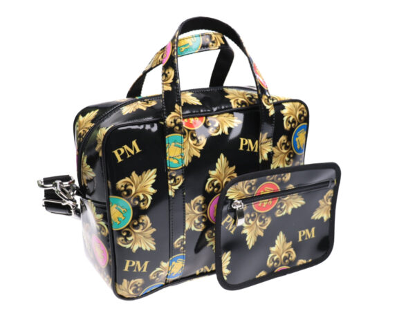 RECTANGULAR WOMEN'S BAG BLACK WITH "ROYAL" FANTASY. MODEL PINCA MADE OF LORRY TARPAULIN. - Unique Pieces Paul Meccanico