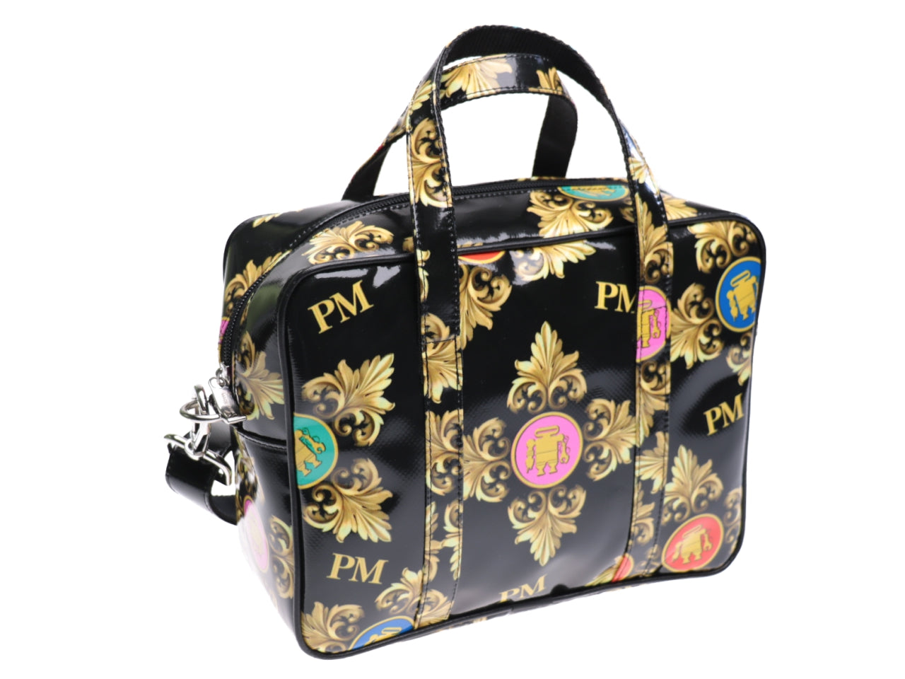 RECTANGULAR WOMEN'S BAG BLACK WITH "ROYAL" FANTASY. MODEL PINCA MADE OF LORRY TARPAULIN. - Unique Pieces Paul Meccanico