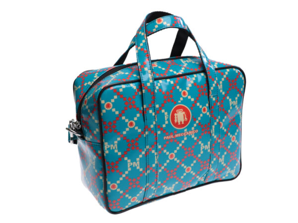 RECTANGULAR WOMEN'S BAG IN LIGHT BLUE WITH MADRAS FANTASY. MODEL PINCA MADE OF LORRY TARPAULIN. - Unique Pieces Paul Meccanico