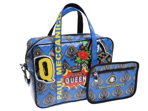 RECTANGULAR WOMEN'S BAG IN ROYAL WITH "POKER" FANTASY. MODEL PINCA MADE OF LORRY TARPAULIN. - Unique Pieces Paul Meccanico