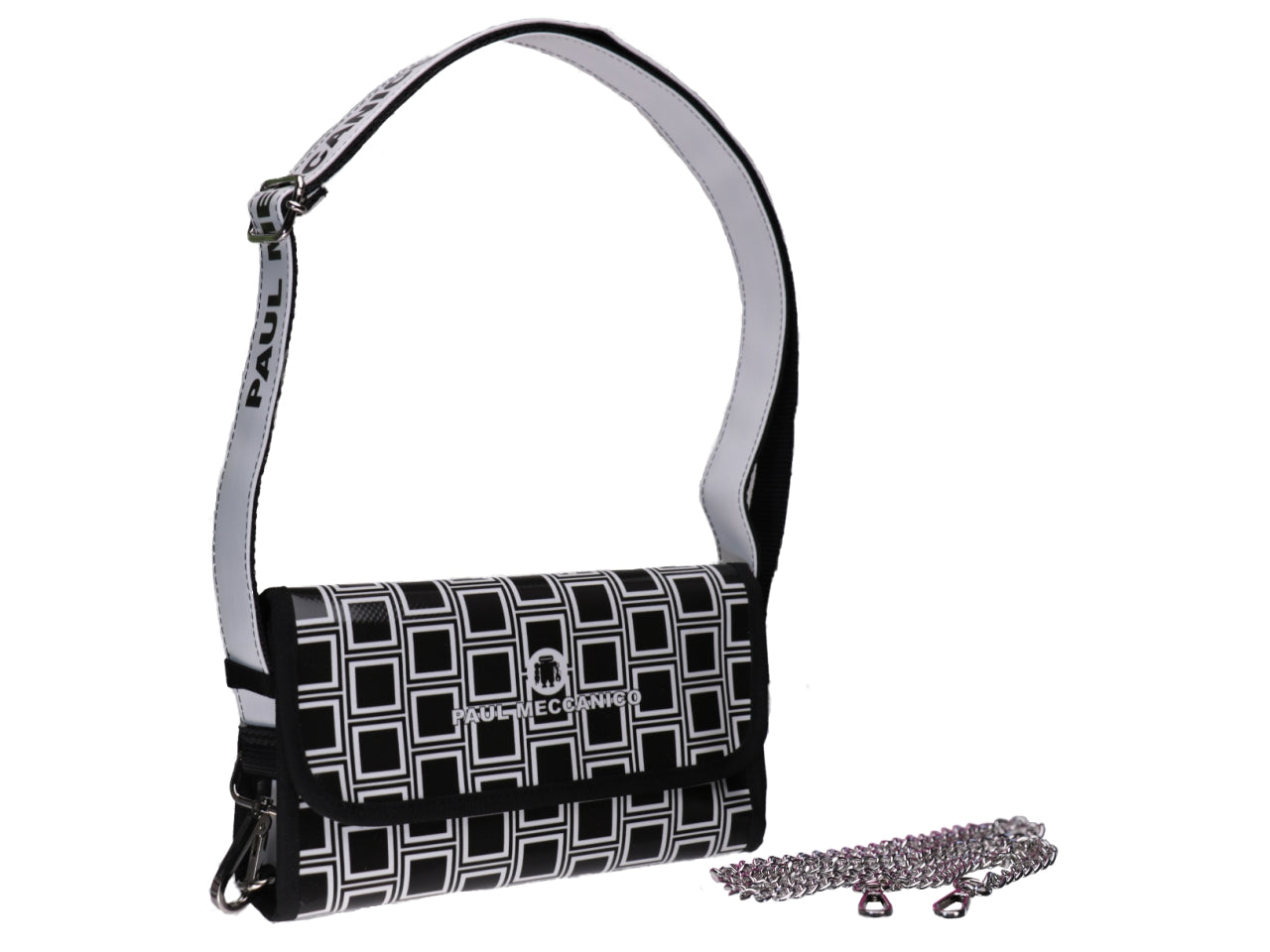CLUTCH BAG BLACK AND WHITE GEOMETRIC FANTASY. MODEL CANDY MADE OF LORRY TARPAULIN. - Limited Edition Paul Meccanico