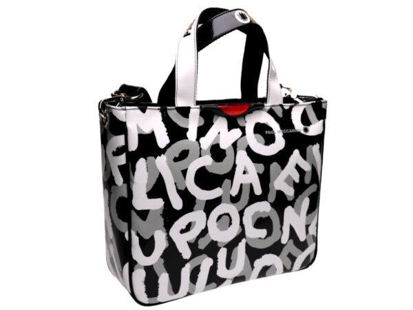 TOTE BAG BLACK WHITE GREY WITH LETTER FANTASY. MODEL GLAM MADE OF LORRY TARPAULIN. - Unique Pieces Paul Meccanico