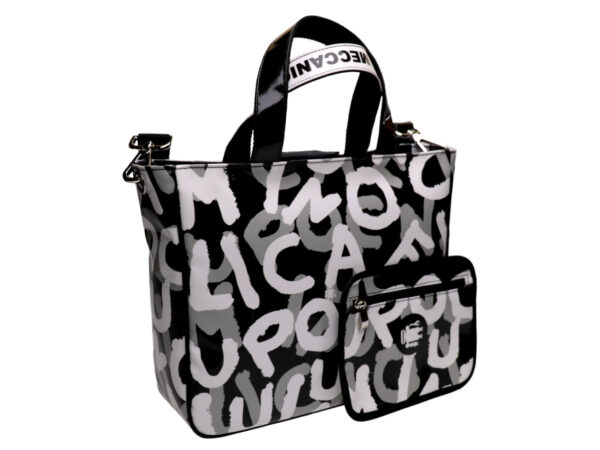 TOTE BAG BLACK WHITE GREY WITH LETTER FANTASY. MODEL GLAM MADE OF LORRY TARPAULIN. - Unique Pieces Paul Meccanico