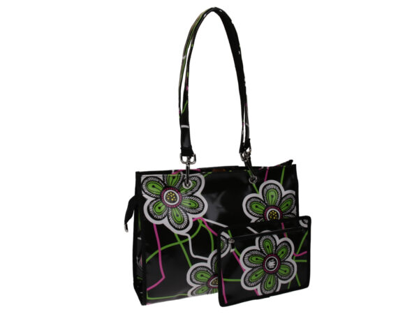 BLACK SHOPPER BAG WITH FLORAL FANTASY. MODEL PEPE MADE OF LORRY TARPAULIN. - Unique Pieces Paul Meccanico