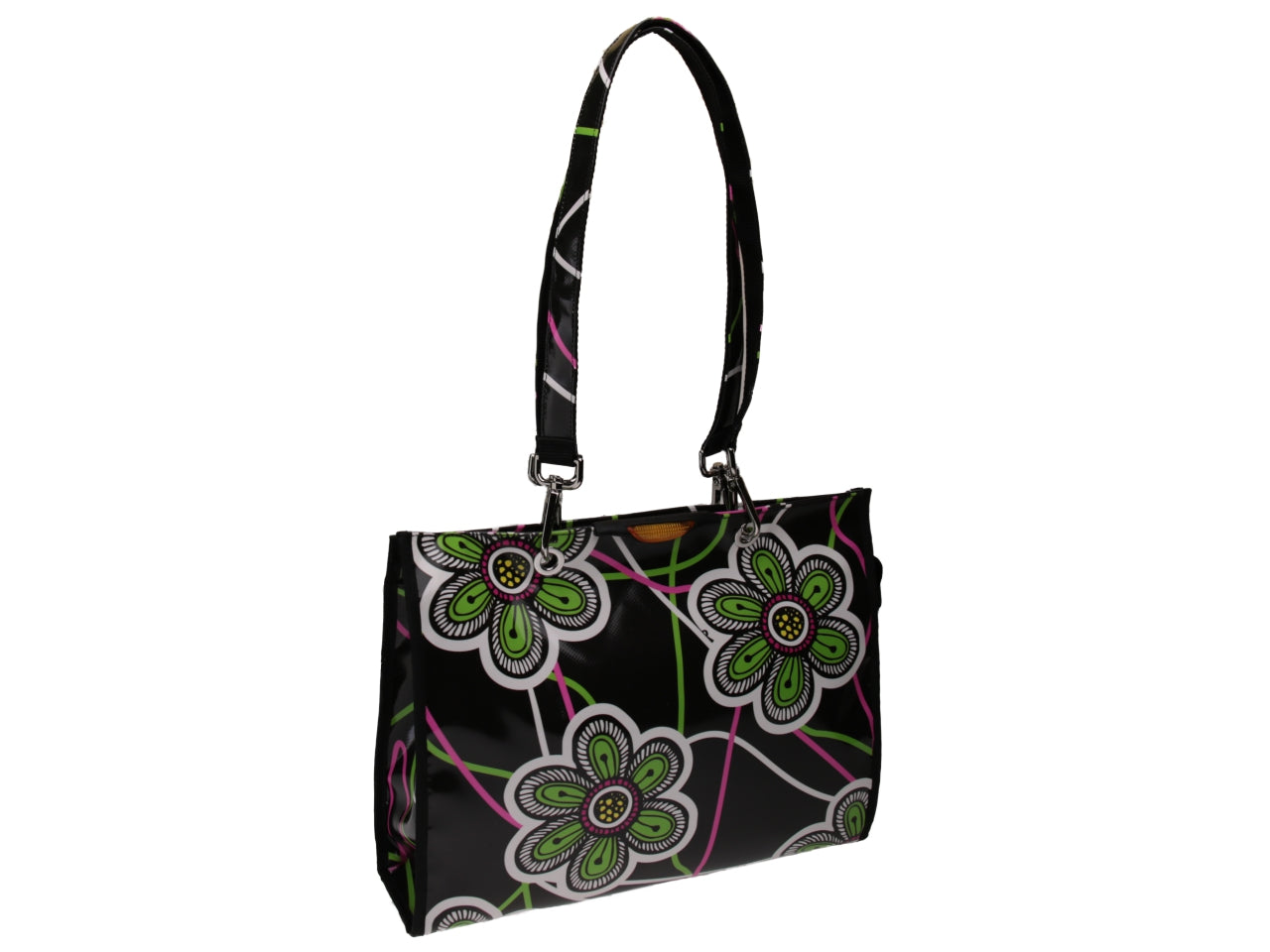 BLACK SHOPPER BAG WITH FLORAL FANTASY. MODEL PEPE MADE OF LORRY TARPAULIN. - Unique Pieces Paul Meccanico