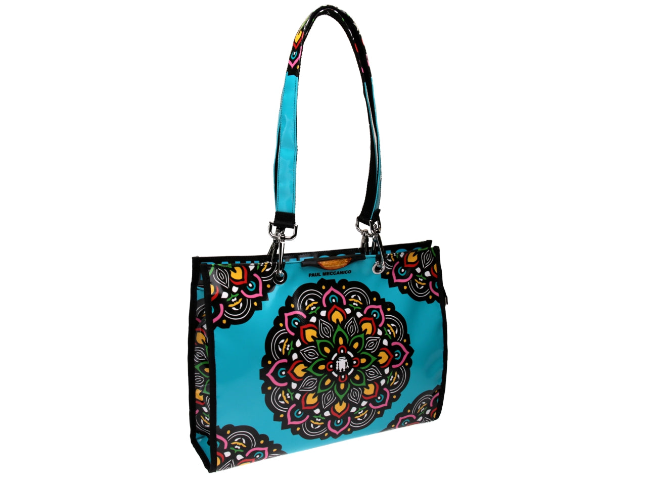 SHOPPER BAG LIGHT BLUE WITH MANDALA FANTASY. MODEL PEPE MADE OF LORRY TARPAULIN. - Unique Pieces Paul Meccanico