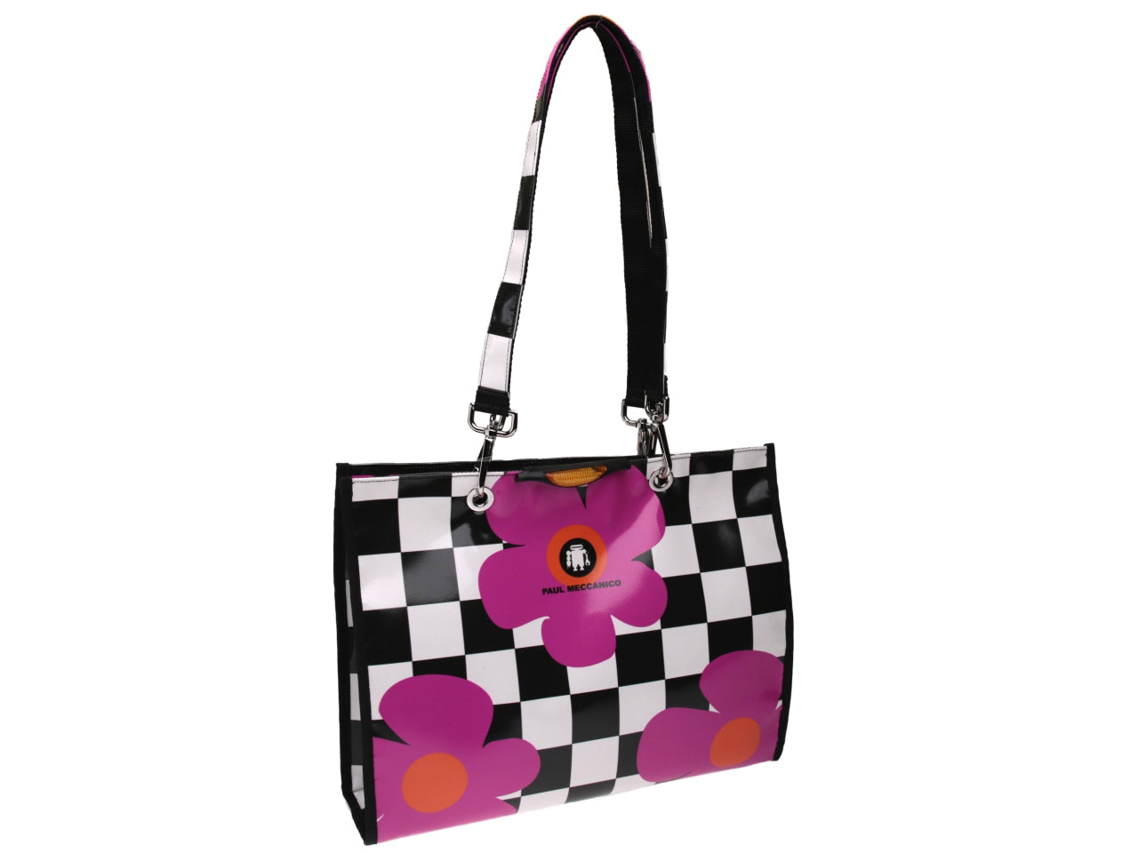 SHOPPER BAG BLACK AND WHITE CHESS FANTASY WITH DAISIES. MODEL PEPE MADE OF LORRY TARPAULIN. - Unique Pieces Paul Meccanico