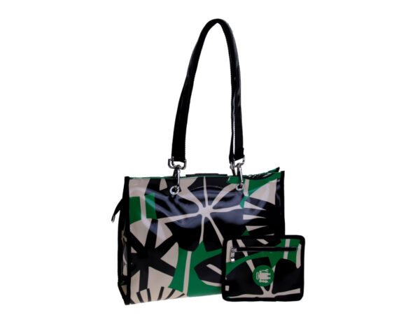 SHOPPER BAG GREEN, BLACK AND BEIGE FLORAL FANTASY. MODEL PEPE MADE OF LORRY TARPAULIN. - Unique Pieces Paul Meccanico