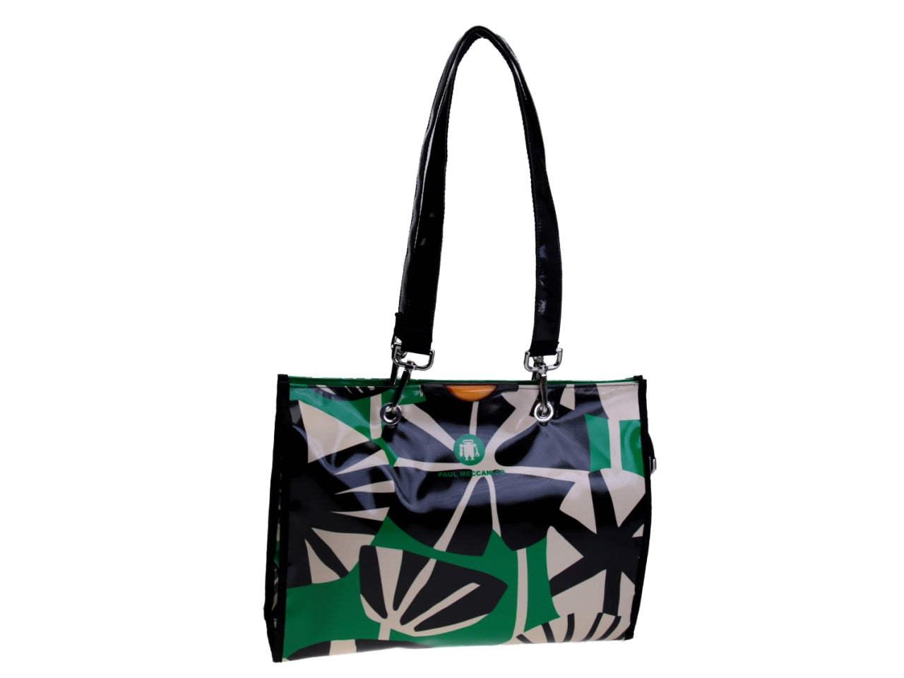 SHOPPER BAG GREEN, BLACK AND BEIGE FLORAL FANTASY. MODEL PEPE MADE OF LORRY TARPAULIN. - Unique Pieces Paul Meccanico