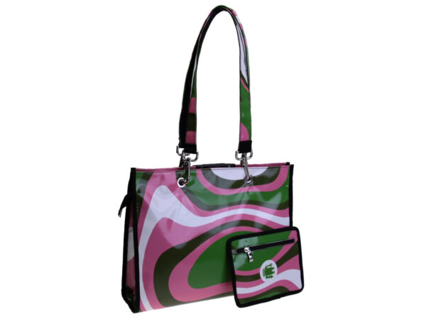 SHOPPER BAG PINK, GREEN AND WHITE COLOURS ABSTRACT FANTASY. MODEL PEPE MADE OF LORRY TARPAULIN. - Unique Pieces Paul Meccanico