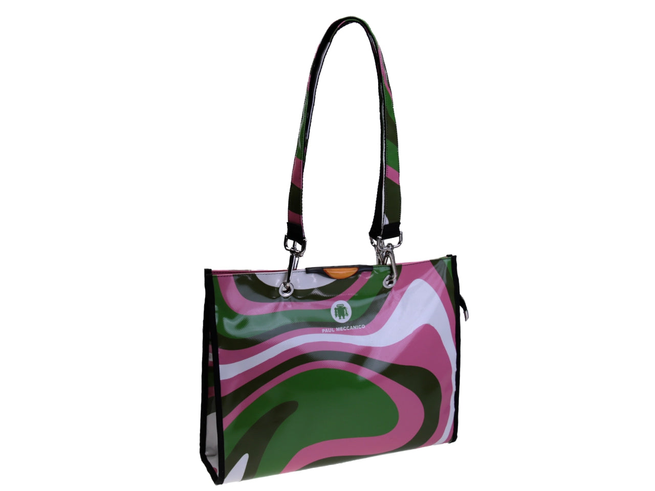 SHOPPER BAG PINK, GREEN AND WHITE COLOURS ABSTRACT FANTASY. MODEL PEPE MADE OF LORRY TARPAULIN. - Unique Pieces Paul Meccanico