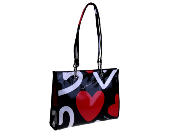 SHOPPER BAG BLACK, WHITE AND RED "HEARTS". MODEL PEPE MADE OF LORRY TARPAULIN. - Unique Pieces Paul Meccanico