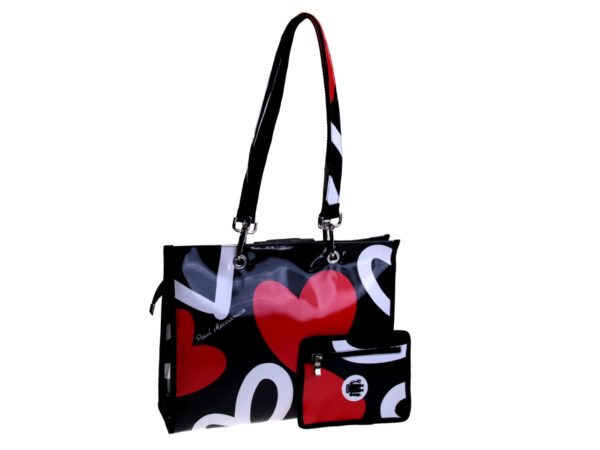 SHOPPER BAG BLACK, WHITE AND RED "HEARTS". MODEL PEPE MADE OF LORRY TARPAULIN. - Unique Pieces Paul Meccanico