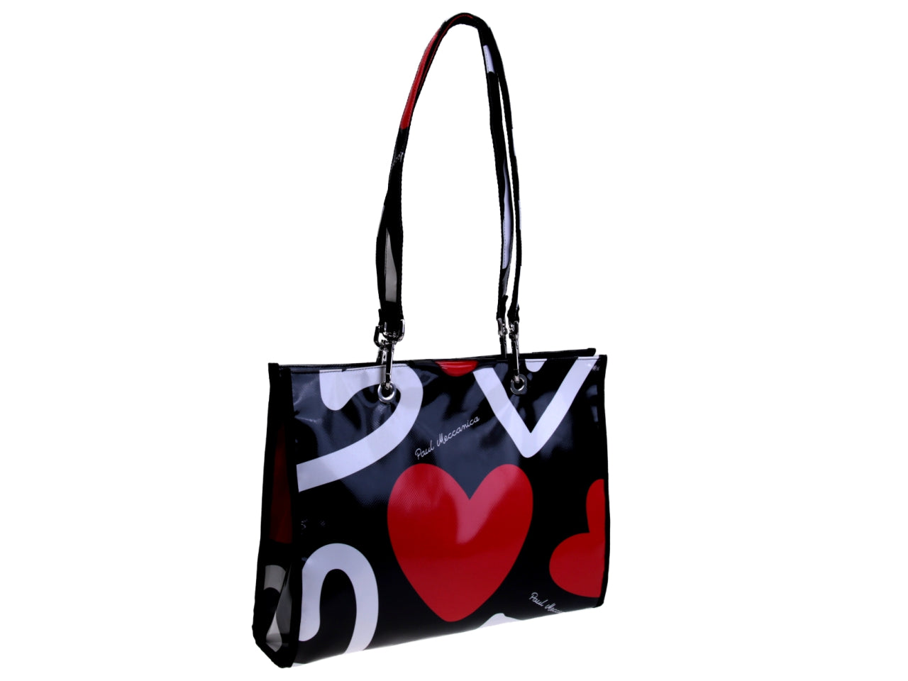 SHOPPER BAG BLACK, WHITE AND RED "HEARTS". MODEL PEPE MADE OF LORRY TARPAULIN. - Unique Pieces Paul Meccanico