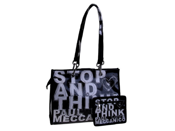 SHOPPER BAG BLACK AND WHITE "STOP AND THINK". MODEL PEPE MADE OF LORRY TARPAULIN. - Unique Pieces Paul Meccanico