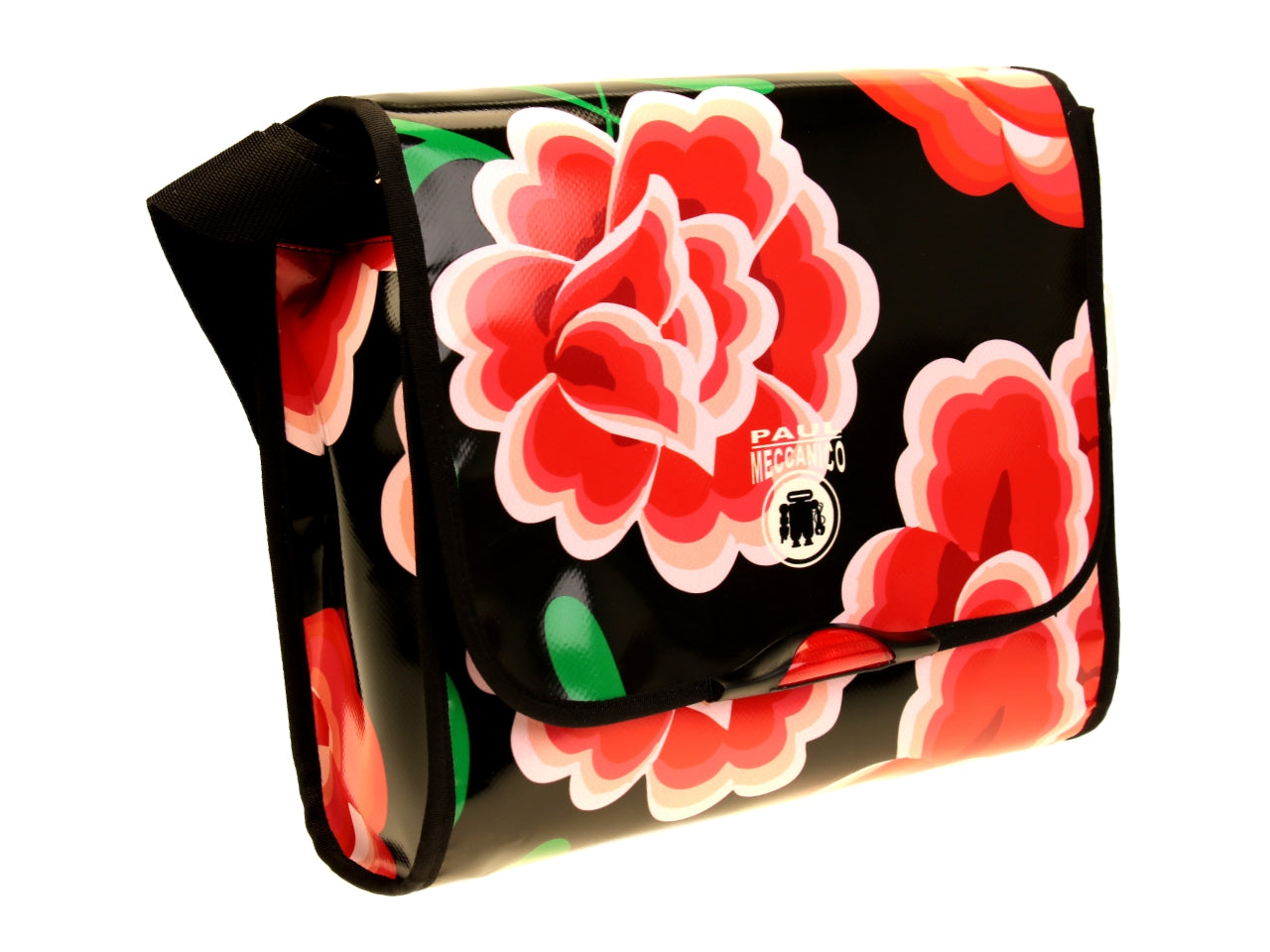 CROSSBODY BAG BLACK WITH FLORAL FANTASY. MODEL BREAK MADE OF LORRY TARPAULIN. - Unique Pieces Paul Meccanico