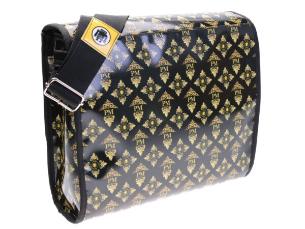 CROSSBODY BAG BLACK GOLD LIBERTY FANTASY. MODEL BREAK MADE OF LORRY TARPAULIN. - Unique Pieces Paul Meccanico