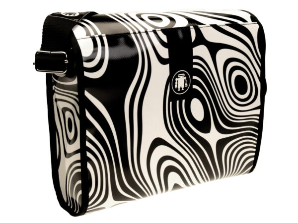 BLACK AND WHITE CROSSBODY BAG OPTICAL FANTASY. MODEL BREAK MADE OF LORRY TARPAULIN. - Unique Pieces Paul Meccanico