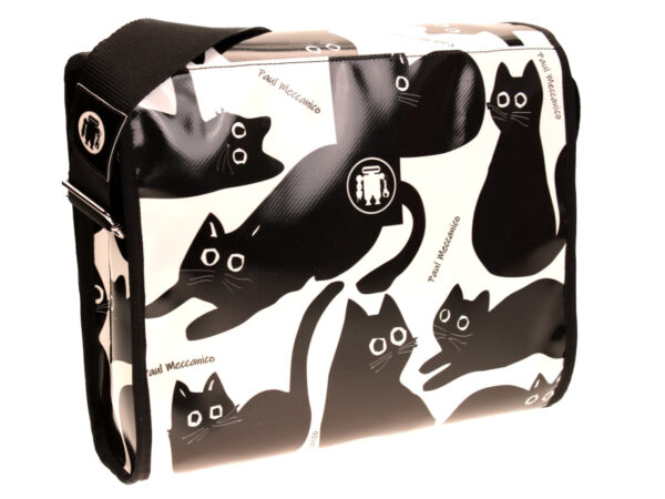 BLACK AND WHITE CROSSBODY BAG "KITTENS". MODEL BREAK MADE OF LORRY TARPAULIN. - Unique Pieces Paul Meccanico