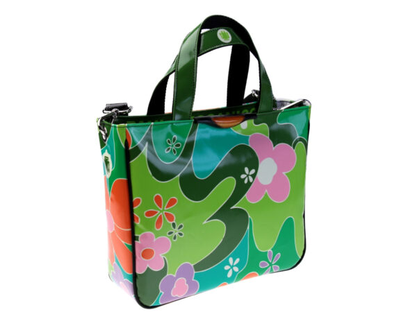 GREEN TOTE BAG FLORAL FANTASY. MODEL GLAM MADE OF LORRY TARPAULIN. - Unique Pieces Paul Meccanico