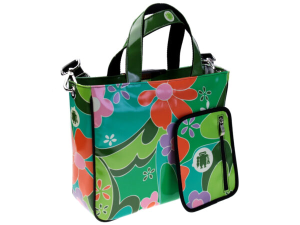 GREEN TOTE BAG FLORAL FANTASY. MODEL GLAM MADE OF LORRY TARPAULIN. - Unique Pieces Paul Meccanico