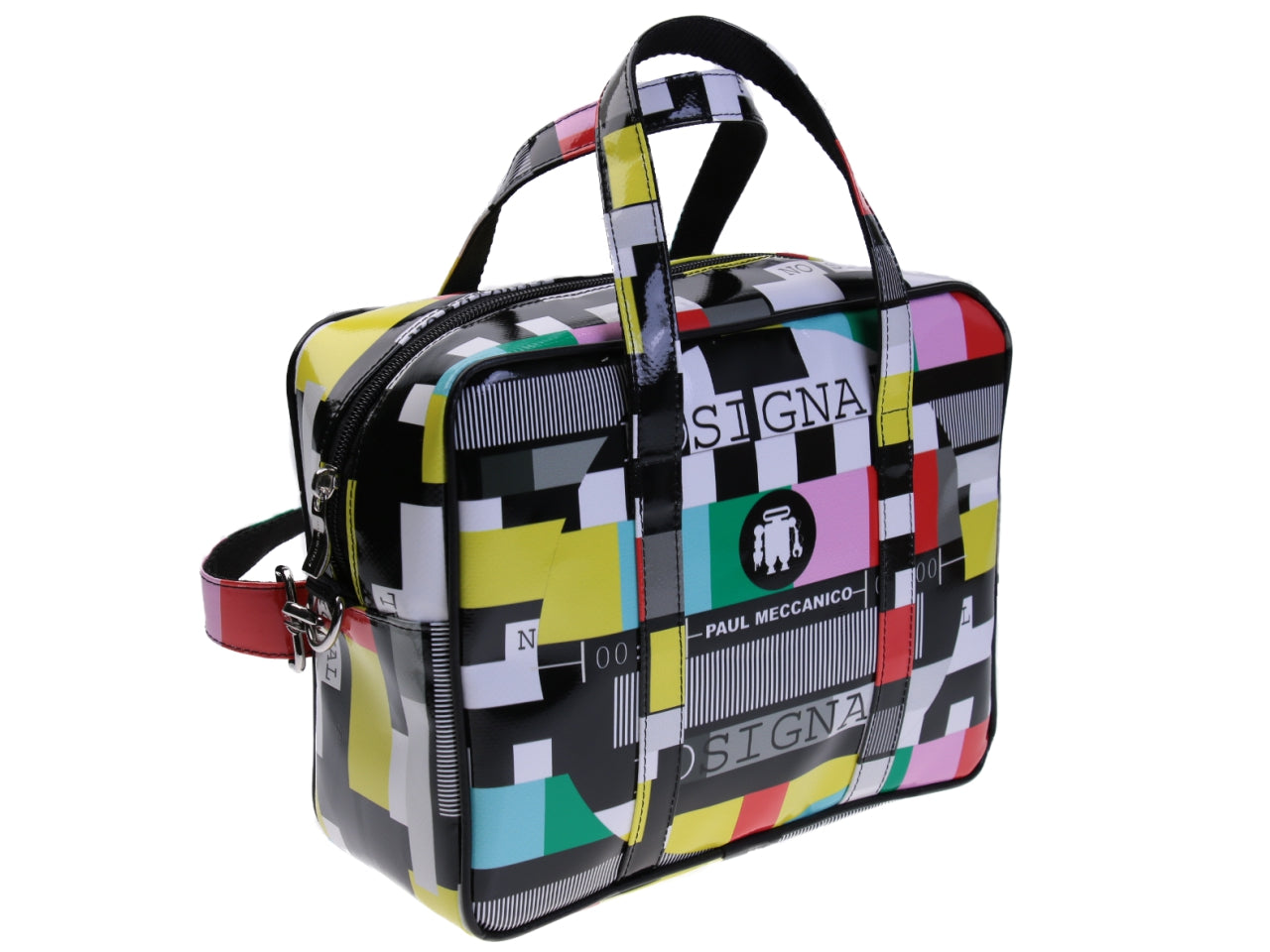 ...RECTANGULAR WOMEN'S BAG MULTICOLOR "NO SIGNAL". MODEL PINCA MADE OF LORRY TARPAULIN. - Unique Pieces Paul Meccanico
