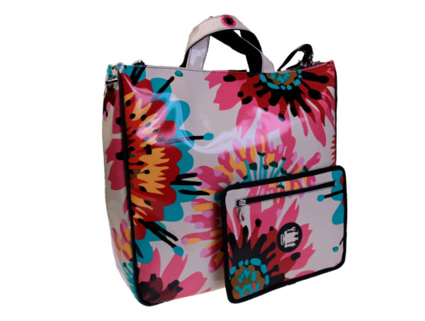BEIGE MAXI TOTE BAG WITH FLORAL FANTASY. MODEL AIRSTONE MADE OF LORRY TARPAULIN. - Unique Pieces Paul Meccanico