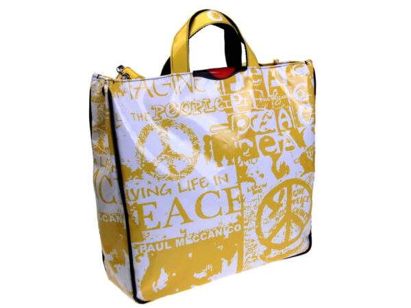 YELLOW AND WHITE MAXI TOTE BAG WITH MURALES FANTASY. MODEL AIRSTONE MADE OF LORRY TARPAULIN. - Unique Pieces Paul Meccanico