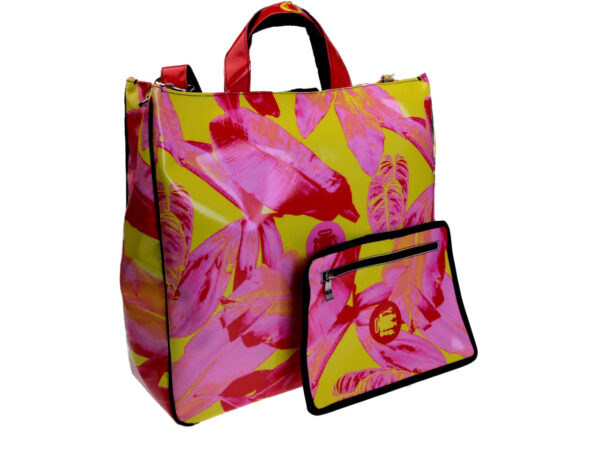 YELLOW MAXI TOTE BAG WITH PALM FANTASY. MODEL AIRSTONE MADE OF LORRY TARPAULIN. - Unique Pieces Paul Meccanico