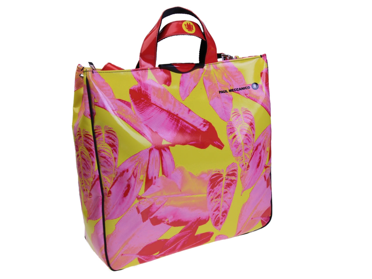 YELLOW MAXI TOTE BAG WITH PALM FANTASY. MODEL AIRSTONE MADE OF LORRY TARPAULIN. - Unique Pieces Paul Meccanico