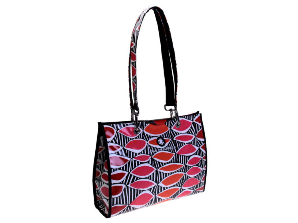 SHOPPER BAG BLACK, WHITE, RED ETHNIC FANTASY. MODEL PEPE MADE OF LORRY TARPAULIN. - Unique Pieces Paul Meccanico
