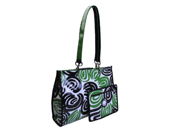 SHOPPER BAG WHITE, GREEN AND BLACK ETHNIC FANTASY. MODEL PEPE MADE OF LORRY TARPAULIN. - Unique Pieces Paul Meccanico