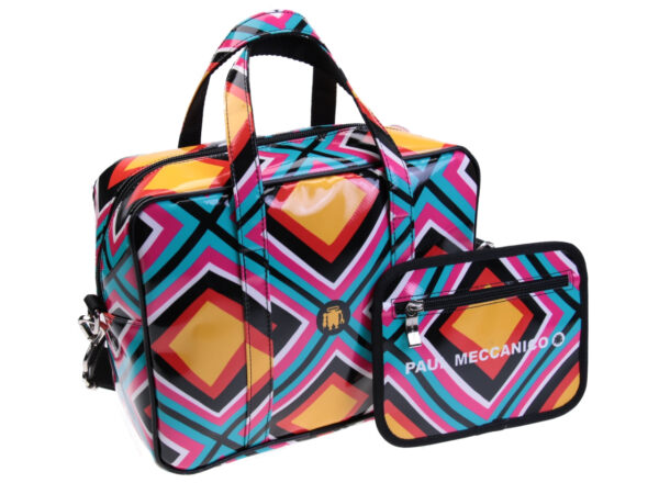 ...RECTANGULAR WOMEN'S BAG MULTICOLOR GEOMETRIC FANTASY. MODEL PINCA MADE OF LORRY TARPAULIN. - Unique Pieces Paul Meccanico