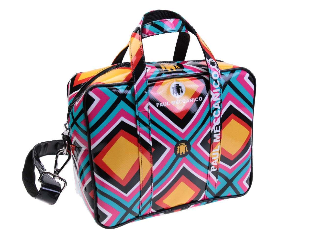 ...RECTANGULAR WOMEN'S BAG MULTICOLOR GEOMETRIC FANTASY. MODEL PINCA MADE OF LORRY TARPAULIN. - Unique Pieces Paul Meccanico