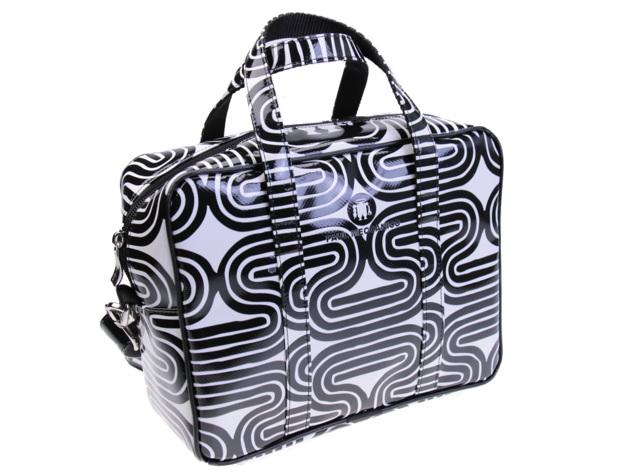 RECTANGULAR WOMEN'S BAG BLACK AND WHITE WOVEN FANTASY. MODEL PINCA MADE OF LORRY TARPAULIN. - Unique Pieces Paul Meccanico
