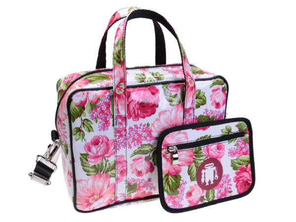 RECTANGULAR WOMEN'S BAG WHITE WITH PINK FLORAL FANTASY. MODEL PINCA MADE OF LORRY TARPAULIN. - Unique Pieces Paul Meccanico