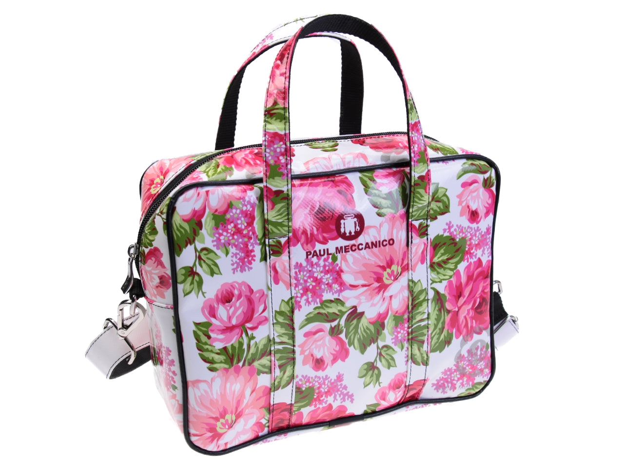 RECTANGULAR WOMEN'S BAG WHITE WITH PINK FLORAL FANTASY. MODEL PINCA MADE OF LORRY TARPAULIN. - Unique Pieces Paul Meccanico