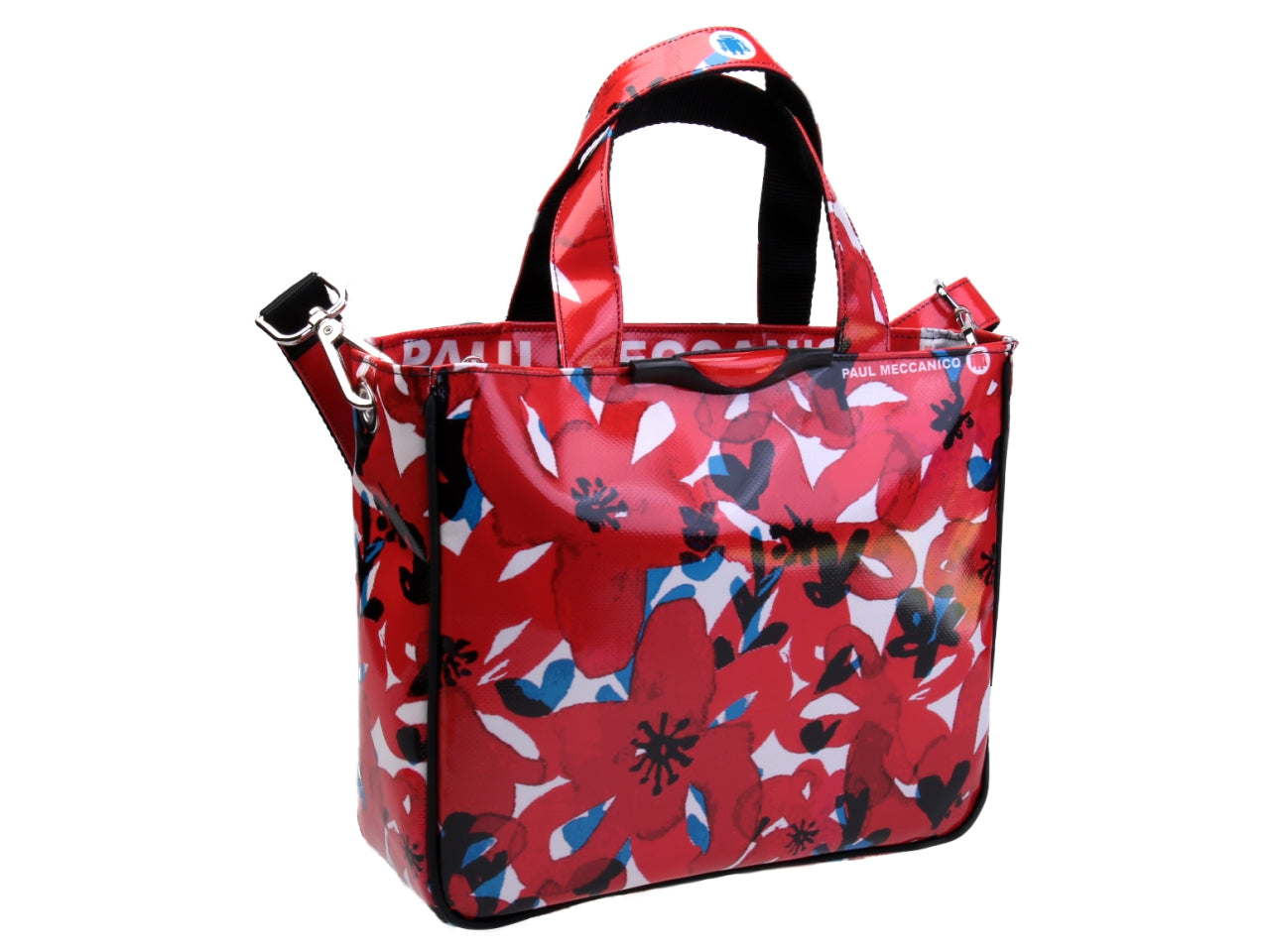WHITE AND RED TOTE BAG FLORAL FANTASY. MODEL GLAM MADE OF LORRY TARPAULIN. - Unique Pieces Paul Meccanico