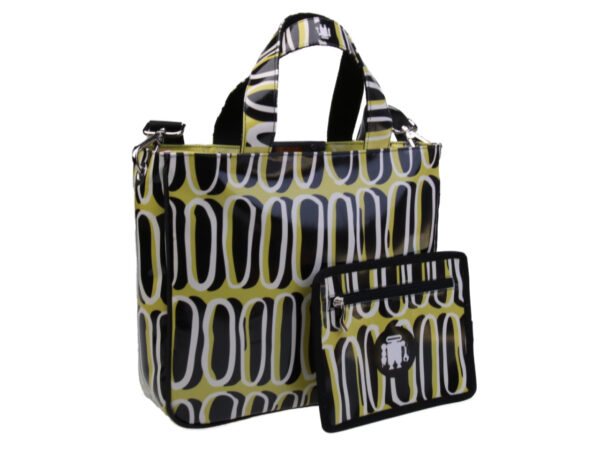 TOTE BAG BLACK, WHITE AND GREEN WITH ETHNIC FANTASY. MODEL GLAM MADE OF LORRY TARPAULIN. - Unique Pieces Paul Meccanico