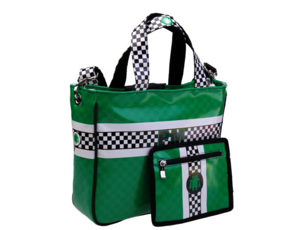 GREEN TOTE BAG "GRAND PRIX" STYLE. MODEL GLAM MADE OF LORRY TARPAULIN. - Unique Pieces Paul Meccanico
