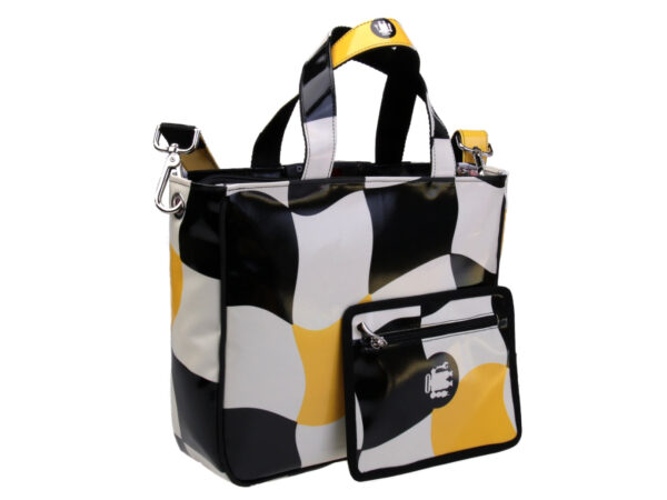 TOTE BAG WHITE, BLACK AND YELLOW COLOURS. MODEL GLAM MADE OF LORRY TARPAULIN. - Unique Pieces Paul Meccanico