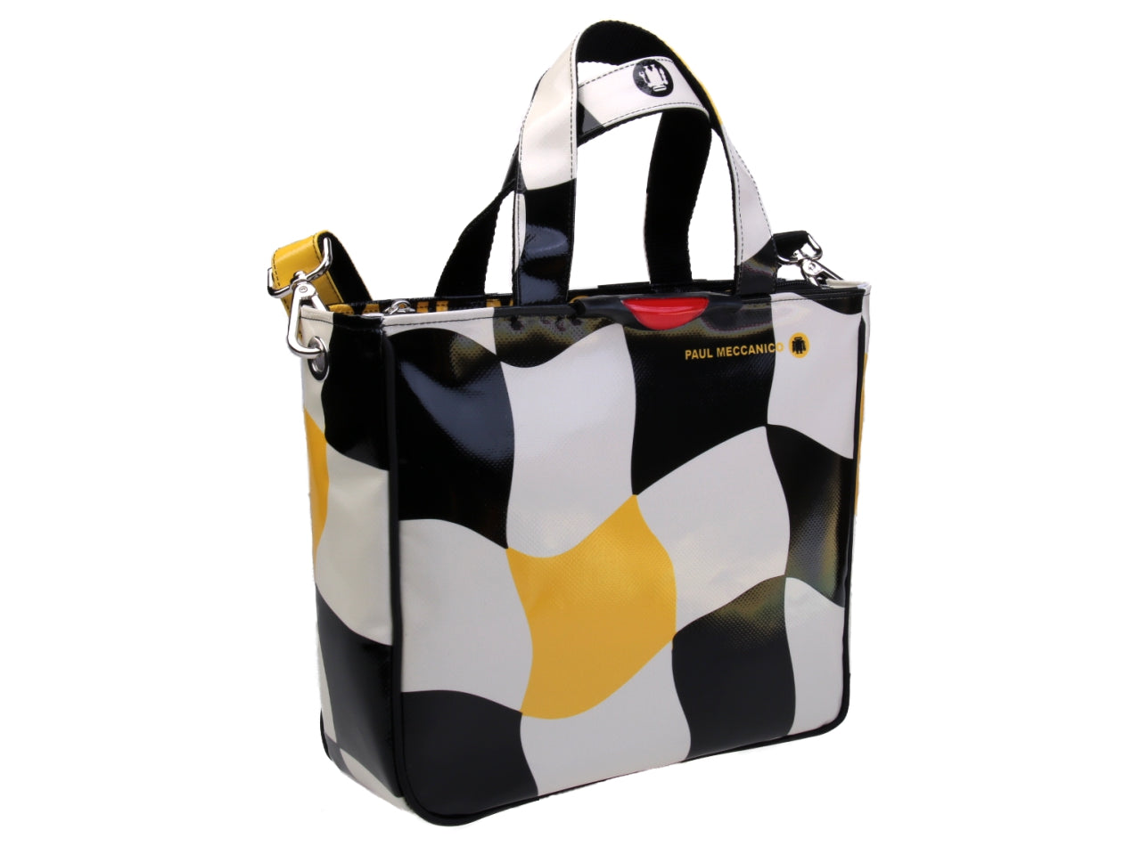 TOTE BAG WHITE, BLACK AND YELLOW COLOURS. MODEL GLAM MADE OF LORRY TARPAULIN. - Unique Pieces Paul Meccanico